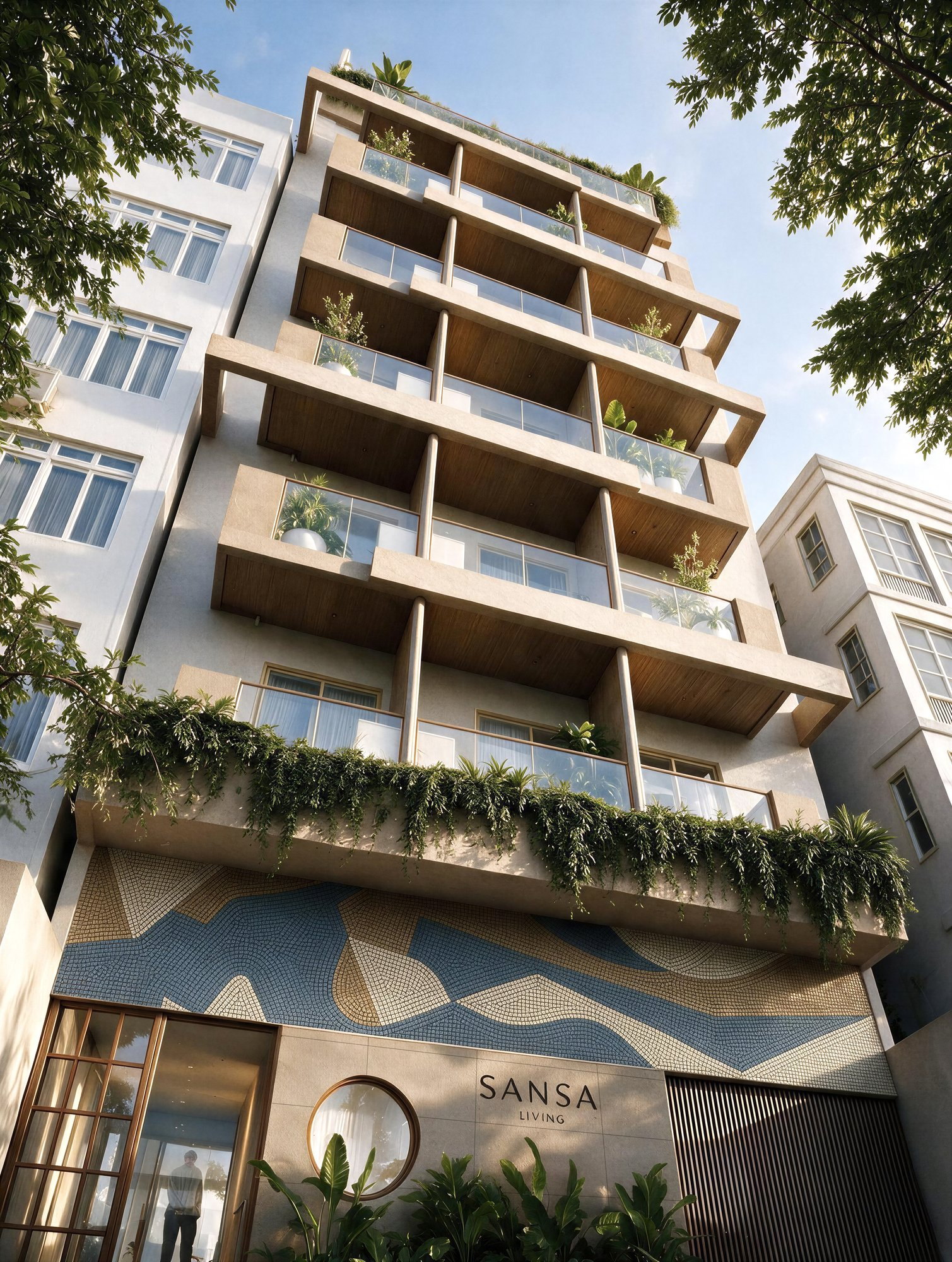 Perspectiva ilustrativa da fachada do Sansa Living vista em ângulo